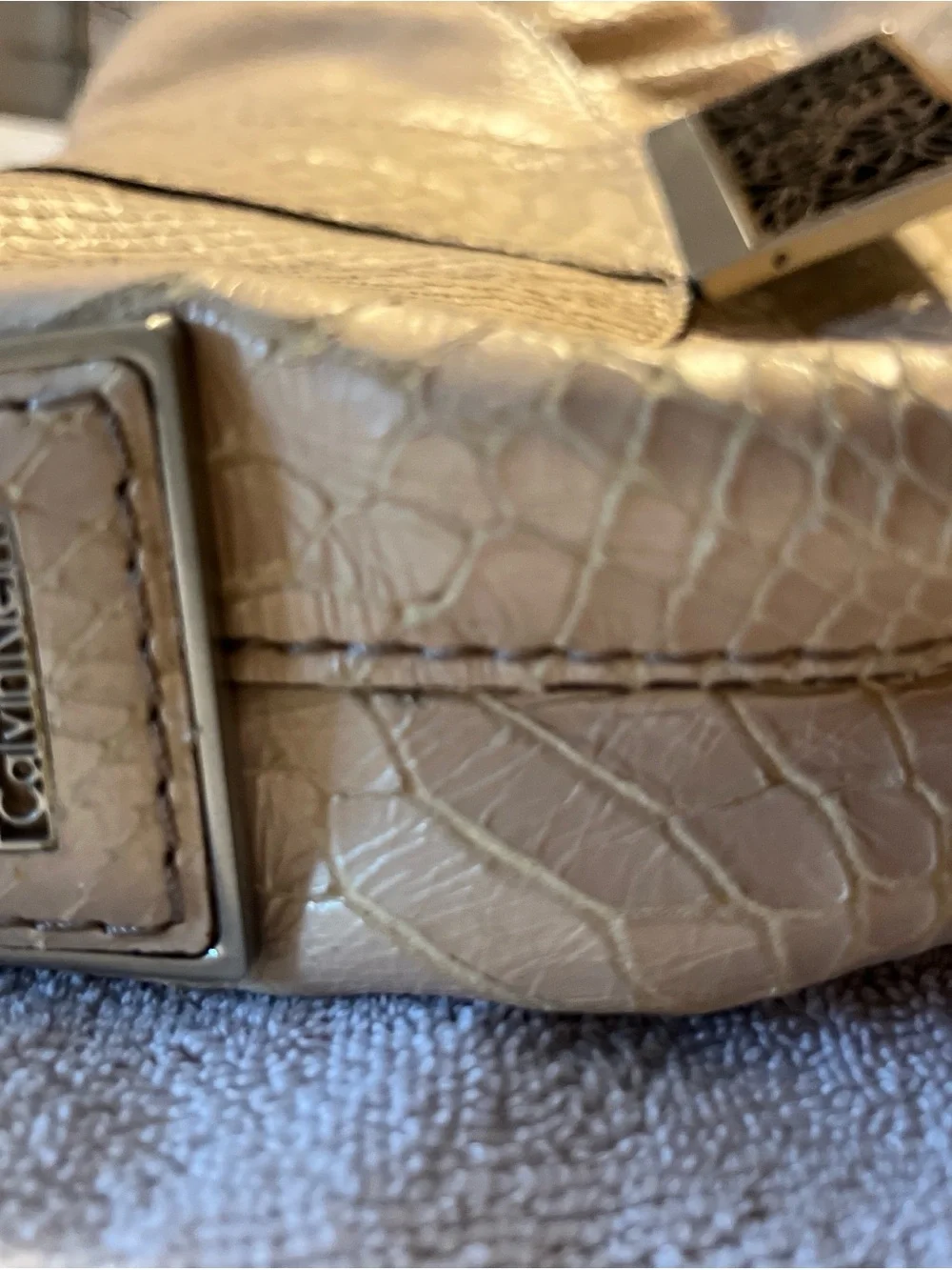Calvin Klein Metallic Gold Croc-Embossed Shoulder Bag with Filigree Clasp
